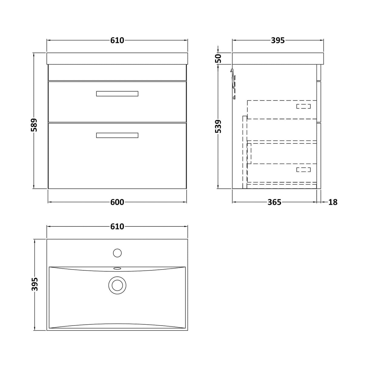 [BFRI048D] Millwich Contemporary 2 Drawer Wall Hung Vanity Unit with Thin Edge Basin - Choice of Size and Colour - Technical Drawing