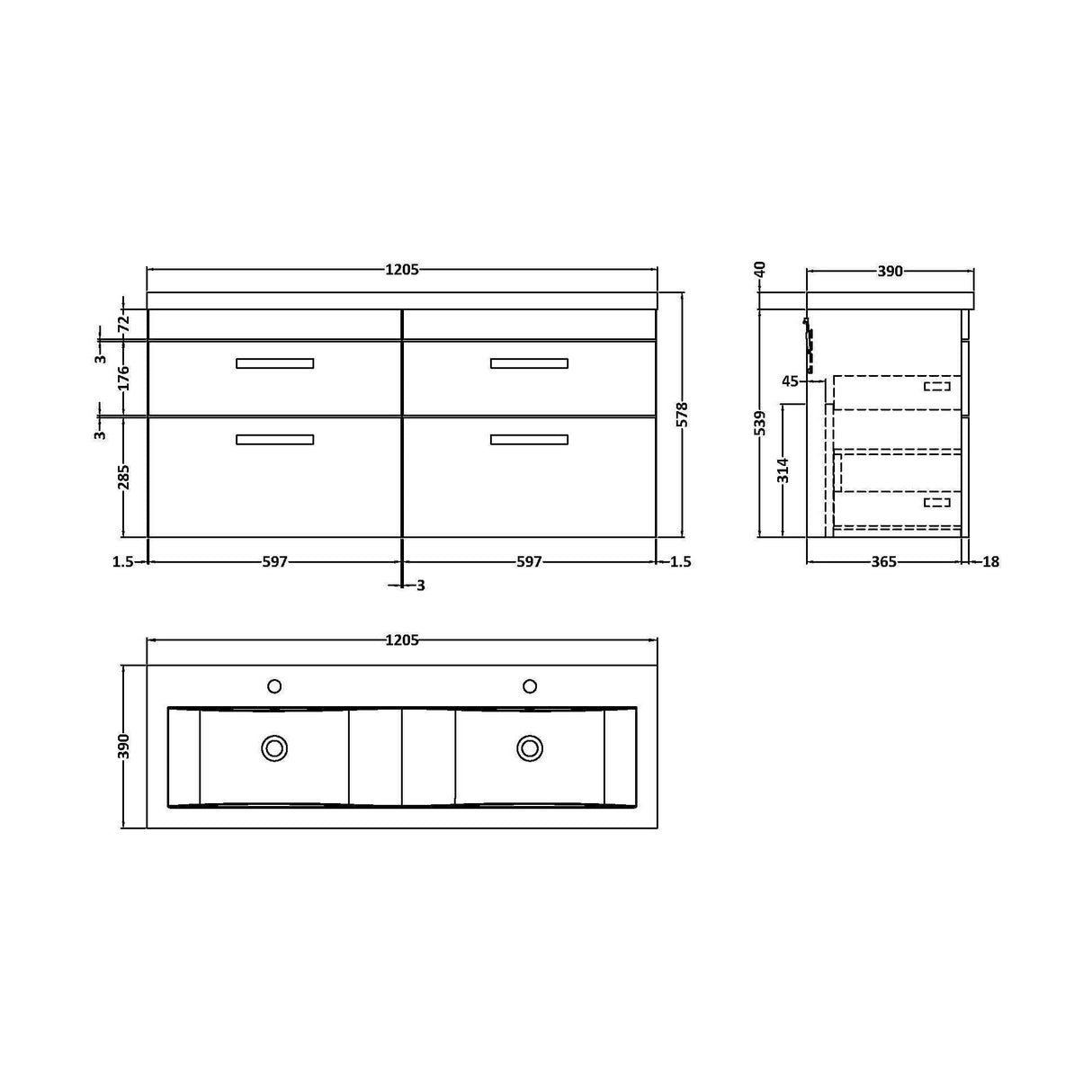[BFRI048F] Millwich Contemporary 4 Drawer Wall Hung Vanity Unit with Basin - Choice of Colour - Technical Drawing