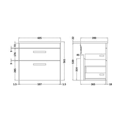 [BFRI048LBG] Millwich Contemporary 2 Drawer Wall Hung Vanity Unit with Laminate Black Galaxy Granite Worktop, 600mm - Technical Drawing