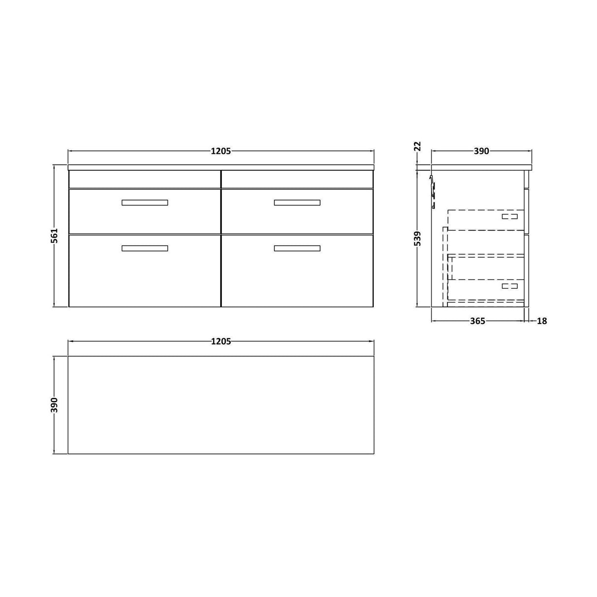 [BFRI048LCM2] Millwich Contemporary 4 Drawer Wall Hung Vanity Unit with Laminate Carrara Marble Worktop, Gloss White, 1200mm - Technical Drawing