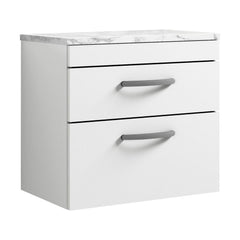 [BFRI048LCM] Millwich Contemporary 2 Drawer Wall Hung Vanity Unit with Laminate Carrara Marble Worktop, Gloss White, 600mm - Cutout