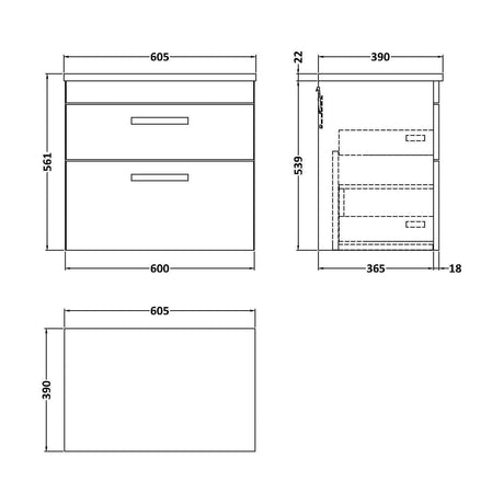[BFRI048LCM] Millwich Contemporary 2 Drawer Wall Hung Vanity Unit with Laminate Carrara Marble Worktop, Gloss White, 600mm - Technical Drawing
