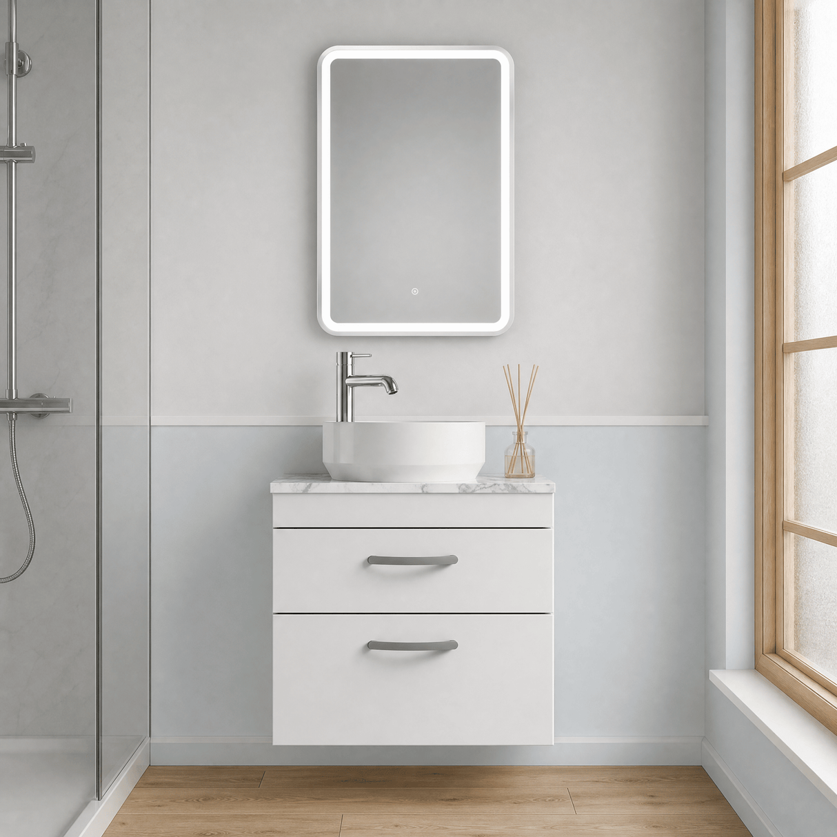 [BFRI048LCM] Millwich Contemporary 2 Drawer Wall Hung Vanity Unit with Carrera Marble Laminate Worktop - Choice of Size and Colour