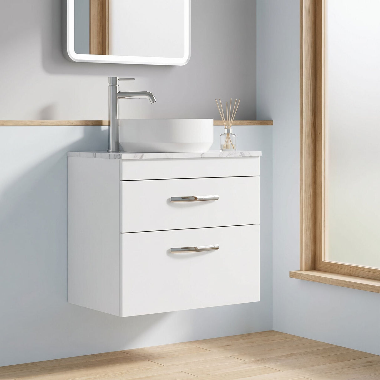 [BFRI048LCM] Millwich Contemporary 2 Drawer Wall Hung Vanity Unit with Carrera Marble Laminate Worktop - Choice of Size and Colour