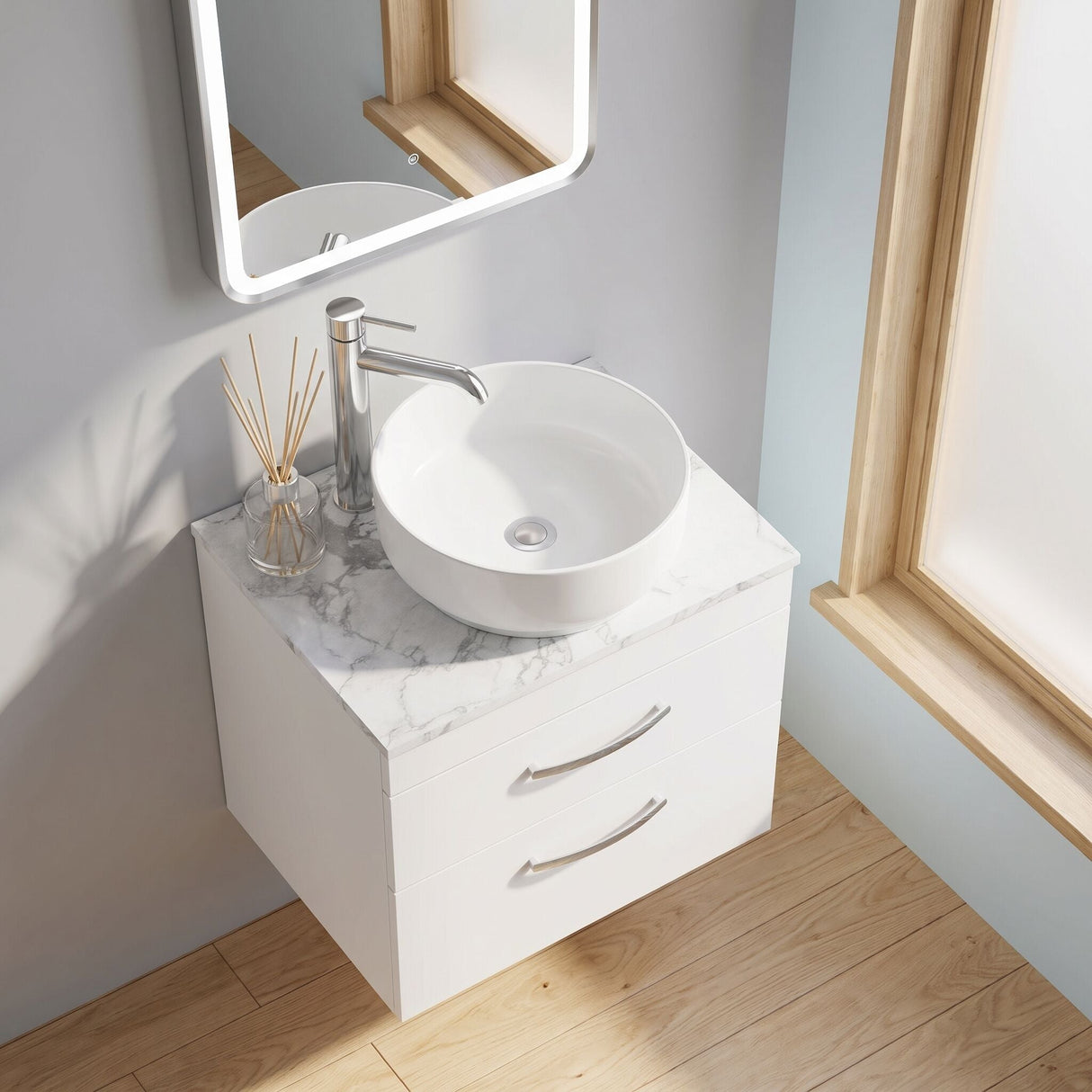 [BFRI048LCM] Millwich Contemporary 2 Drawer Wall Hung Vanity Unit with Carrera Marble Laminate Worktop - Choice of Size and Colour