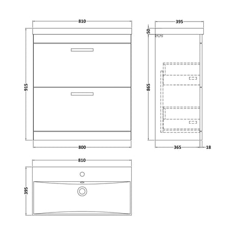 [BFRI053D] Millwich Contemporary 2 Drawer Floor Standing Vanity Unit with Thin Edge Basin, Anthracite Woodgrain, 800mm - Technical Drawing