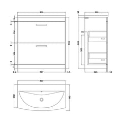 [BFRI053G] Millwich Contemporary 2 Drawer Floor Standing Vanity Unit with Curved Basin, Anthracite Woodgrain, 800mm - Technical Drawing