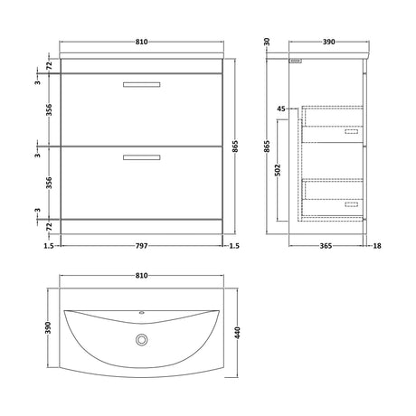 [BFRI053G] Millwich Contemporary 2 Drawer Floor Standing Vanity Unit with Curved Basin, Anthracite Woodgrain, 800mm - Technical Drawing