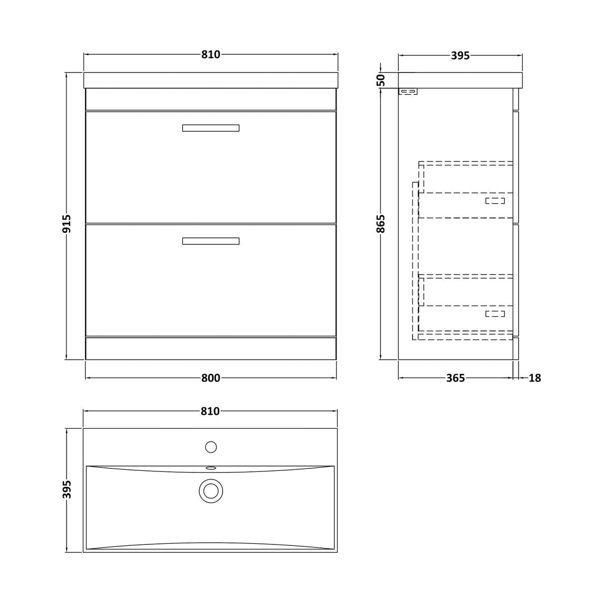 [BFRI055D] Millwich Contemporary 2 Drawer Floor Standing Vanity Unit with Thin Edge Basin - Choice of Size and Colour - Technical Drawing