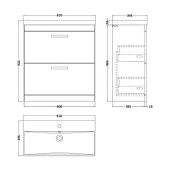 [BFRI055D] Millwich Contemporary 2 Drawer Floor Standing Vanity Unit with Thin Edge Basin - Choice of Size and Colour - Technical Drawing