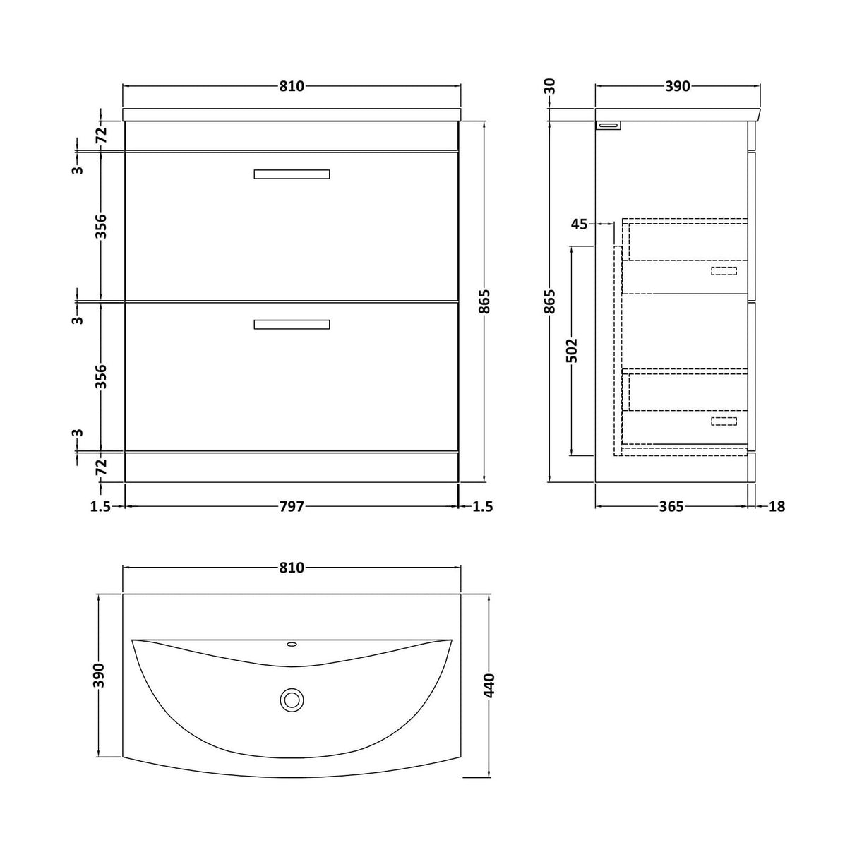 [BFRI055G] Millwich Contemporary 2 Drawer Floor Standing Vanity Unit with Curved Basin, Gloss White, 800mm - Technical Drawing