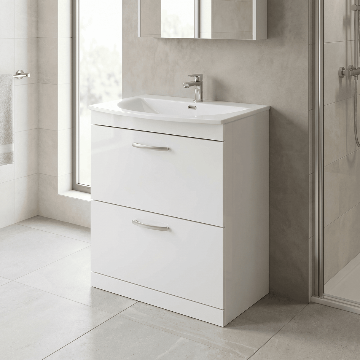 [BFRI055G] Millwich Contemporary 2 Drawer Floor Standing Vanity Unit with Curved Basin - Choice of Size and Colour
