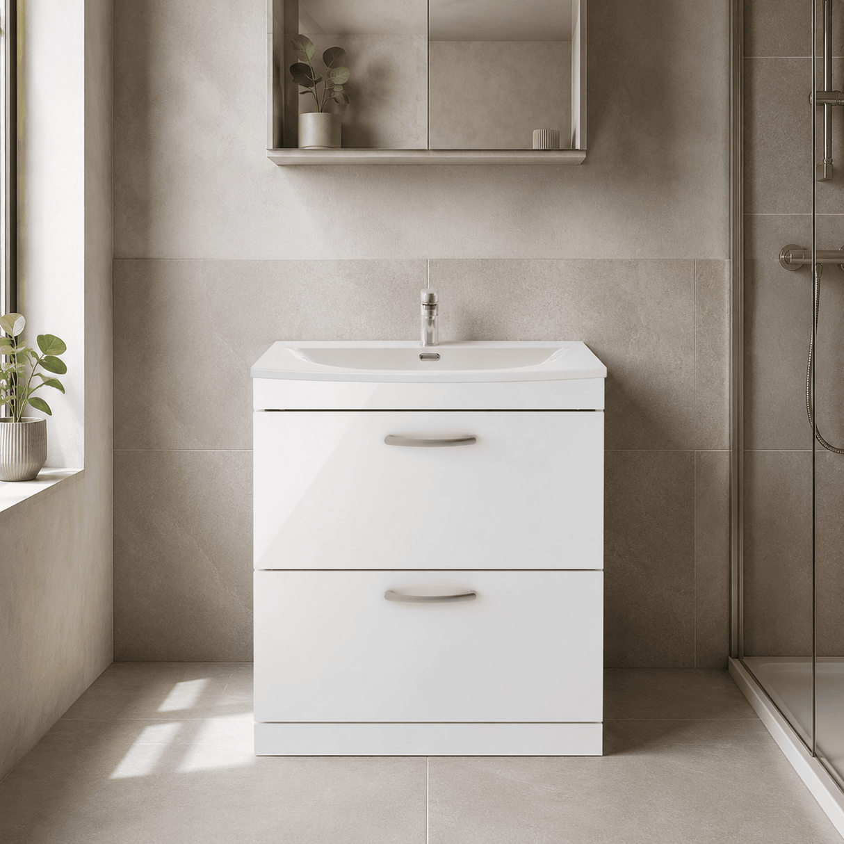 [BFRI055G] Millwich Contemporary 2 Drawer Floor Standing Vanity Unit with Curved Basin - Choice of Size and Colour