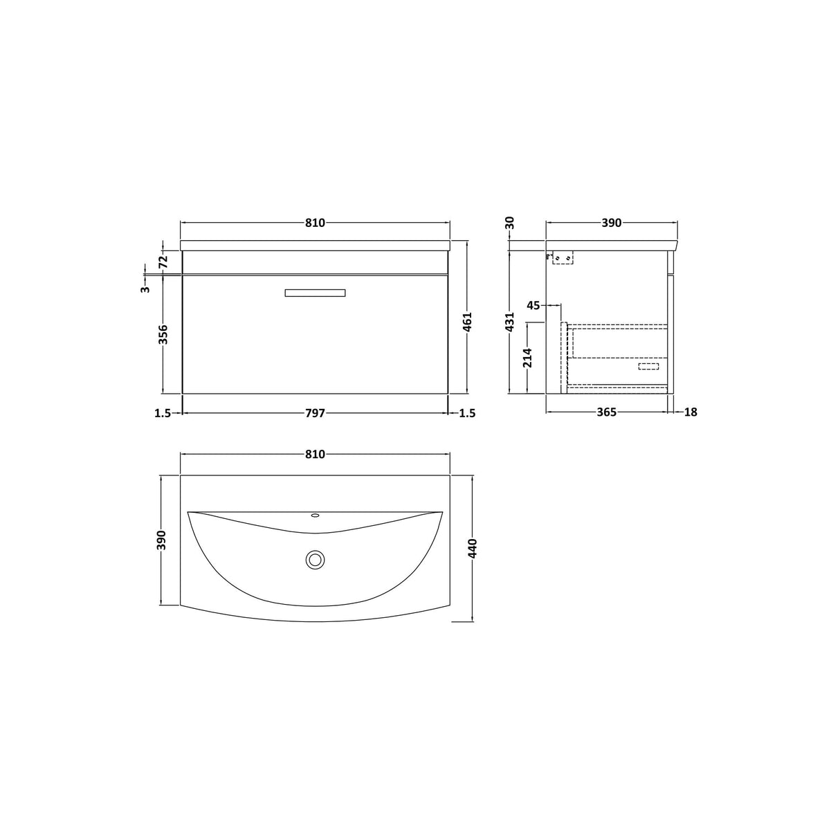 [BFRI060G] Millwich Contemporary 1 Drawer Wall Hung Vanity Unit with Curved Basin - Choice of Size and Colour - Technical Drawing