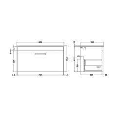 [BFRI060LBG] Millwich Contemporary 1 Drawer Wall Hung Vanity Unit with Laminate Black Galaxy Granite Worktop, 800mm - Technical Drawing