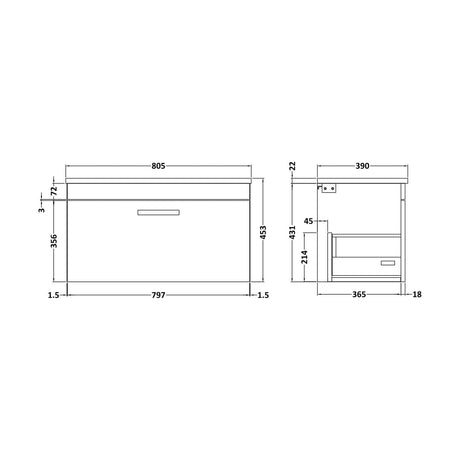 [BFRI060LBG] Millwich Contemporary 1 Drawer Wall Hung Vanity Unit with Laminate Black Galaxy Granite Worktop, 800mm - Technical Drawing