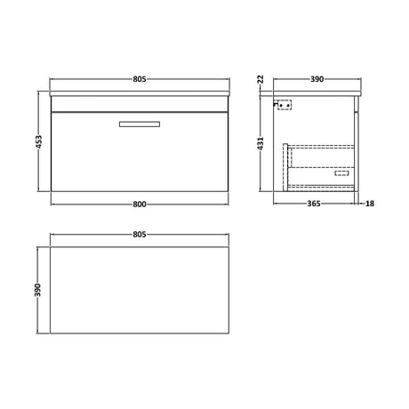 [BFRI061LCM] Millwich Contemporary 1 Drawer Wall Hung Vanity Unit with Laminate Carrara Marble Worktop, Charcoal Black, 800mm - Technical Drawing