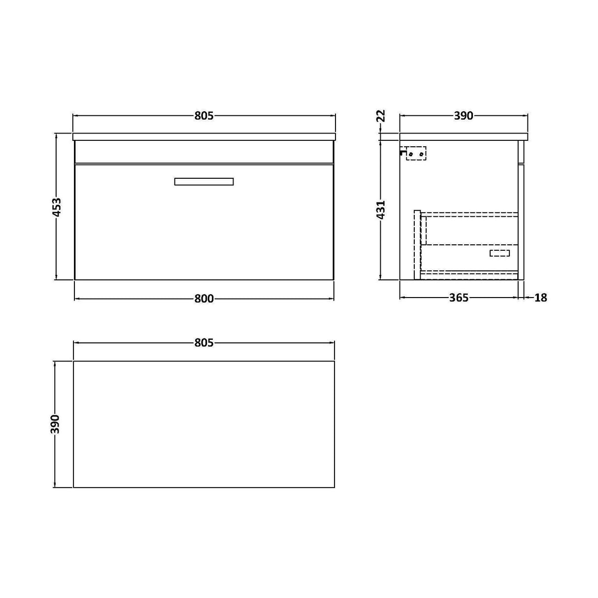 [BFRI061LCM] Millwich Contemporary 1 Drawer Wall Hung Vanity Unit with Carrera Marble Laminate Worktop - Choice of Size and Colour - Technical Drawing