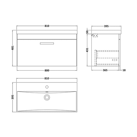[BFRI062D] Millwich Contemporary 1 Drawer Wall Hung Vanity Unit with Thin Edge Basin, Gloss White, 800mm - Technical Drawing