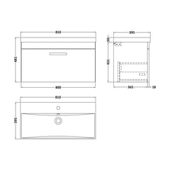 [BFRI062D] Millwich Contemporary 1 Drawer Wall Hung Vanity Unit with Thin Edge Basin - Choice of Size and Colour - Technical Drawing