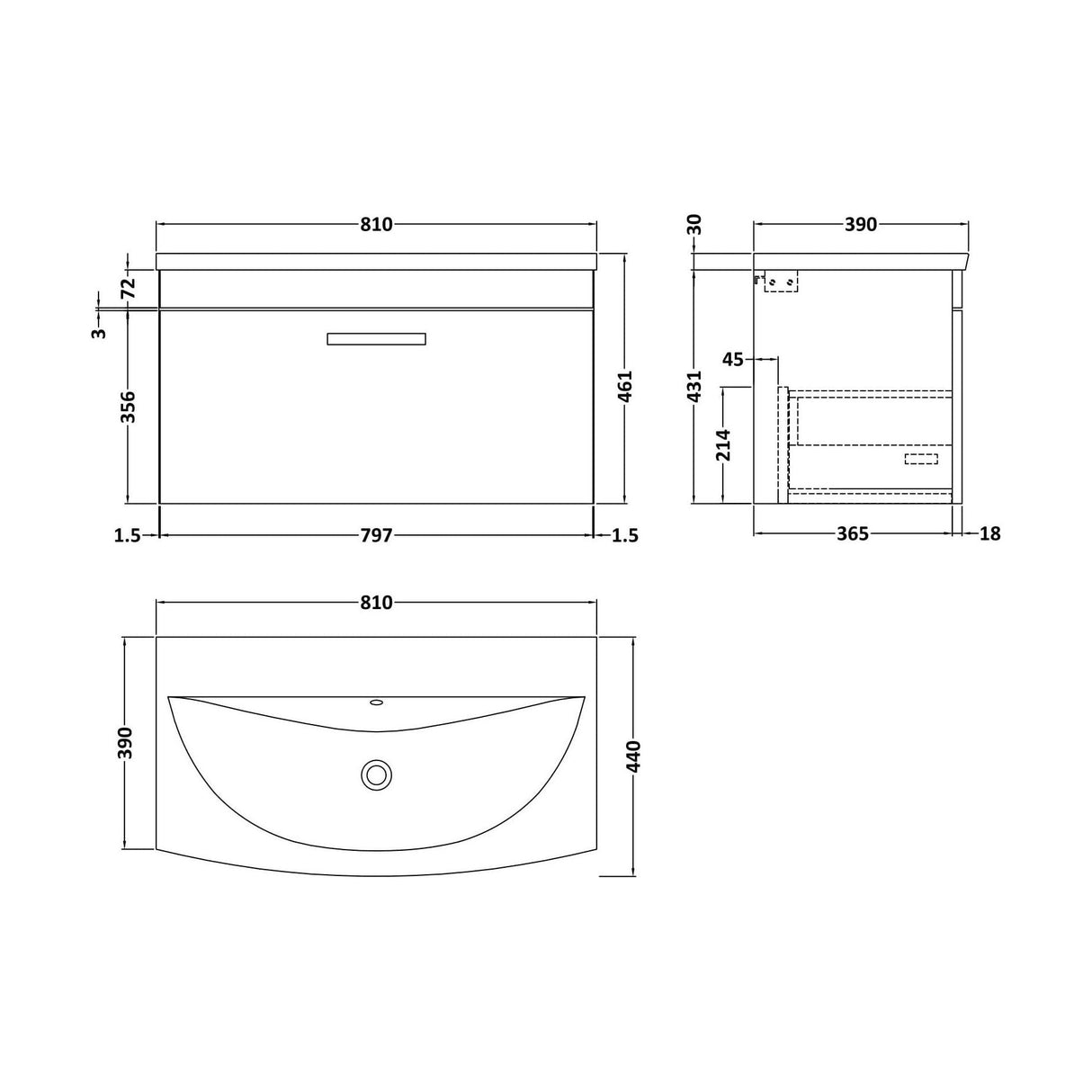 [BFRI062G] Millwich Contemporary 1 Drawer Wall Hung Vanity Unit with Curved Basin, Gloss White, 800mm - Technical Drawing