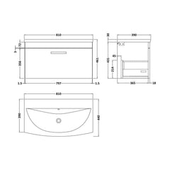 [BFRI062G] Millwich Contemporary 1 Drawer Wall Hung Vanity Unit with Curved Basin, Gloss White, 800mm - Technical Drawing