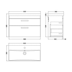 [BFRI067D] Millwich Contemporary 2 Drawer Wall Hung Vanity Unit with Thin Edge Basin, Anthracite Woodgrain, 800mm - Technical Drawing