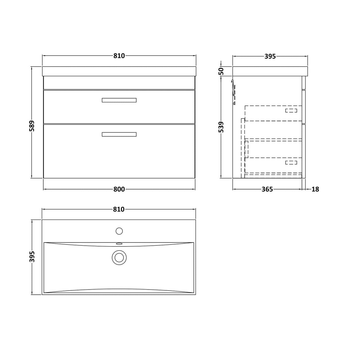 [BFRI067D] Millwich Contemporary 2 Drawer Wall Hung Vanity Unit with Thin Edge Basin - Choice of Size and Colour - Technical Drawing