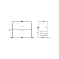 [BFRI067LBG] Millwich Contemporary 2 Drawer Wall Hung Vanity Unit with Bellato Grey Laminate Worktop - Choice of Size and Colour - Technical Drawing