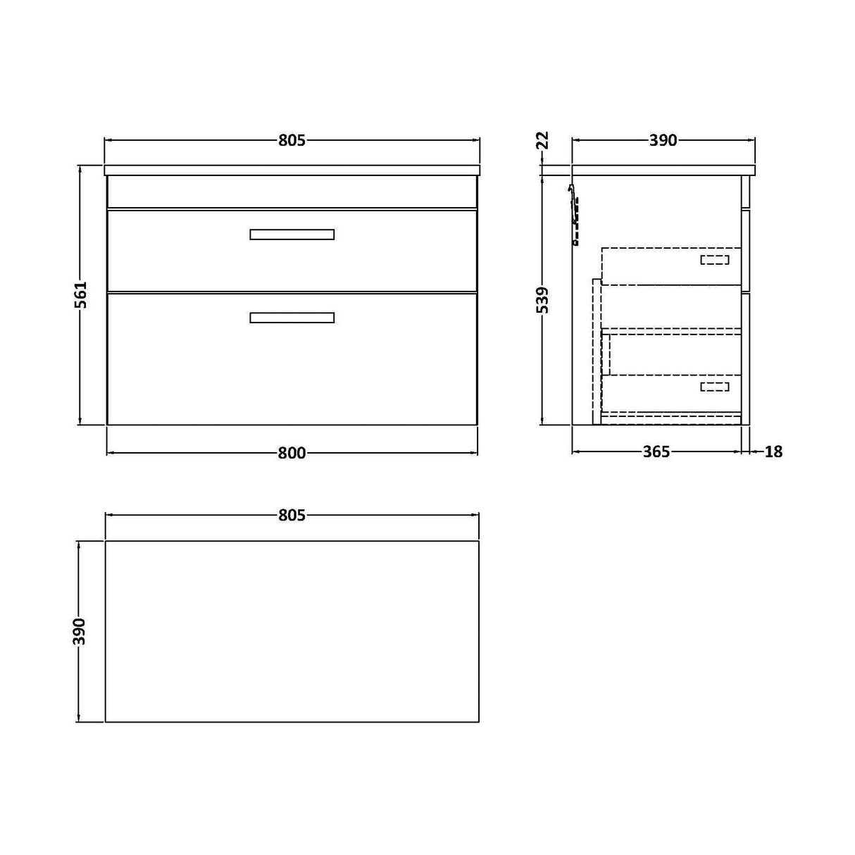 [BFRI067LCM] Millwich Contemporary 2 Drawer Wall Hung Vanity Unit with Laminate Carrara Marble Worktop, 805mm - Technical Drawing