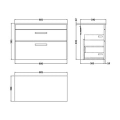 [BFRI067LCM] Millwich Contemporary 2 Drawer Wall Hung Vanity Unit with Laminate Carrara Marble Worktop, 805mm - Technical Drawing