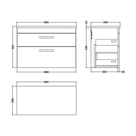 [BFRI067LCM] Millwich Contemporary 2 Drawer Wall Hung Vanity Unit with Laminate Carrara Marble Worktop, 805mm - Technical Drawing