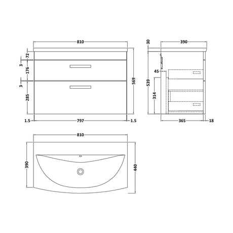 [BFRI068G] Millwich Contemporary 2 Drawer Wall Hung Vanity Unit with Curved Basin, Charcoal Black, 800mm - Technical Drawing
