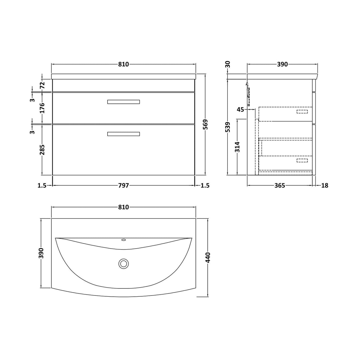 [BFRI068G] Millwich Contemporary 2 Drawer Wall Hung Vanity Unit with Curved Basin - Choice of Size and Colour - Technical Drawing