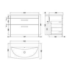 [BFRI068G] Millwich Contemporary 2 Drawer Wall Hung Vanity Unit with Curved Basin - Choice of Size and Colour - Technical Drawing