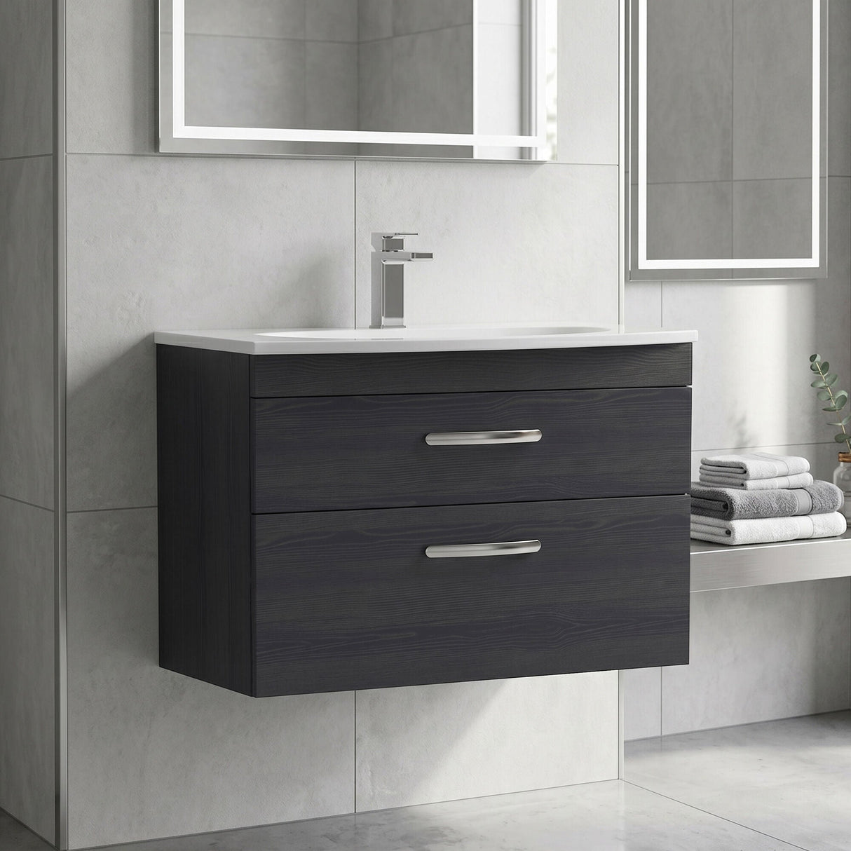 [BFRI068G] Millwich Contemporary 2 Drawer Wall Hung Vanity Unit with Curved Basin - Choice of Size and Colour