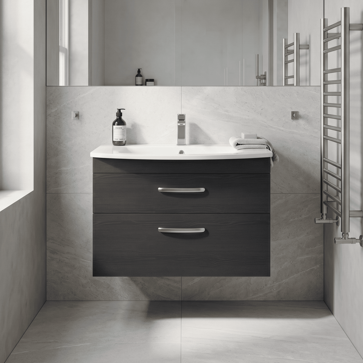 [BFRI068G] Millwich Contemporary 2 Drawer Wall Hung Vanity Unit with Curved Basin - Choice of Size and Colour