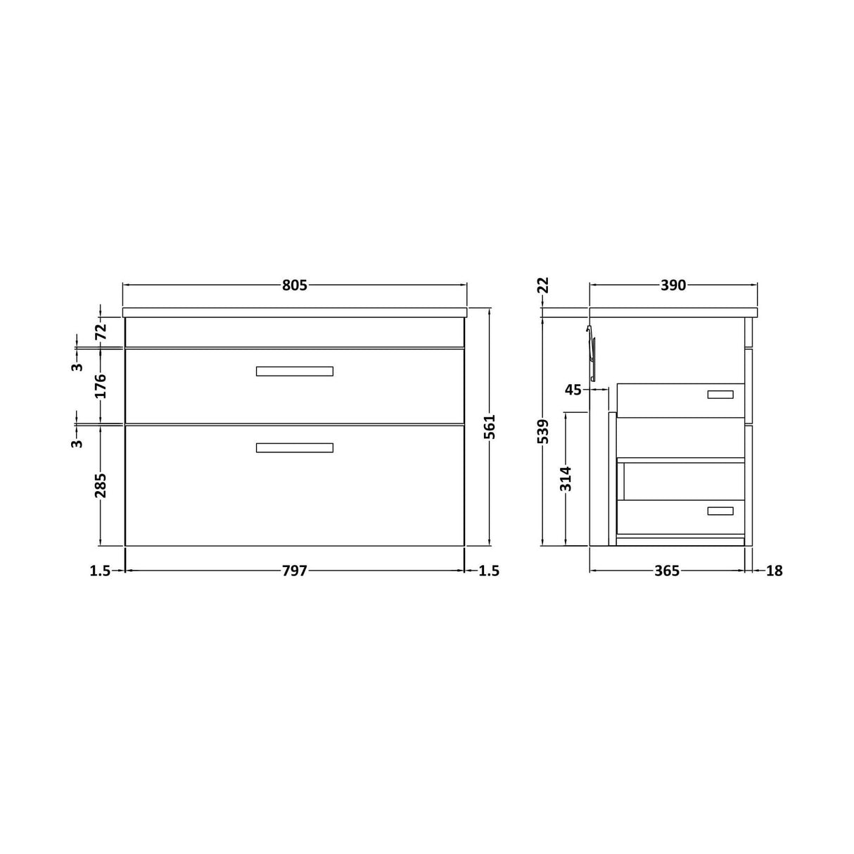 [BFRI068LBG] Millwich Contemporary 2 Drawer Wall Hung Vanity Unit with Bellato Grey Laminate Worktop - Choice of Size and Colour - Technical Drawing