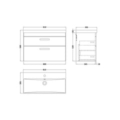 [BFRI069D] Millwich Contemporary 2 Drawer Wall Hung Vanity Unit with Thin Edge Basin - Choice of Size and Colour - Technical Drawing