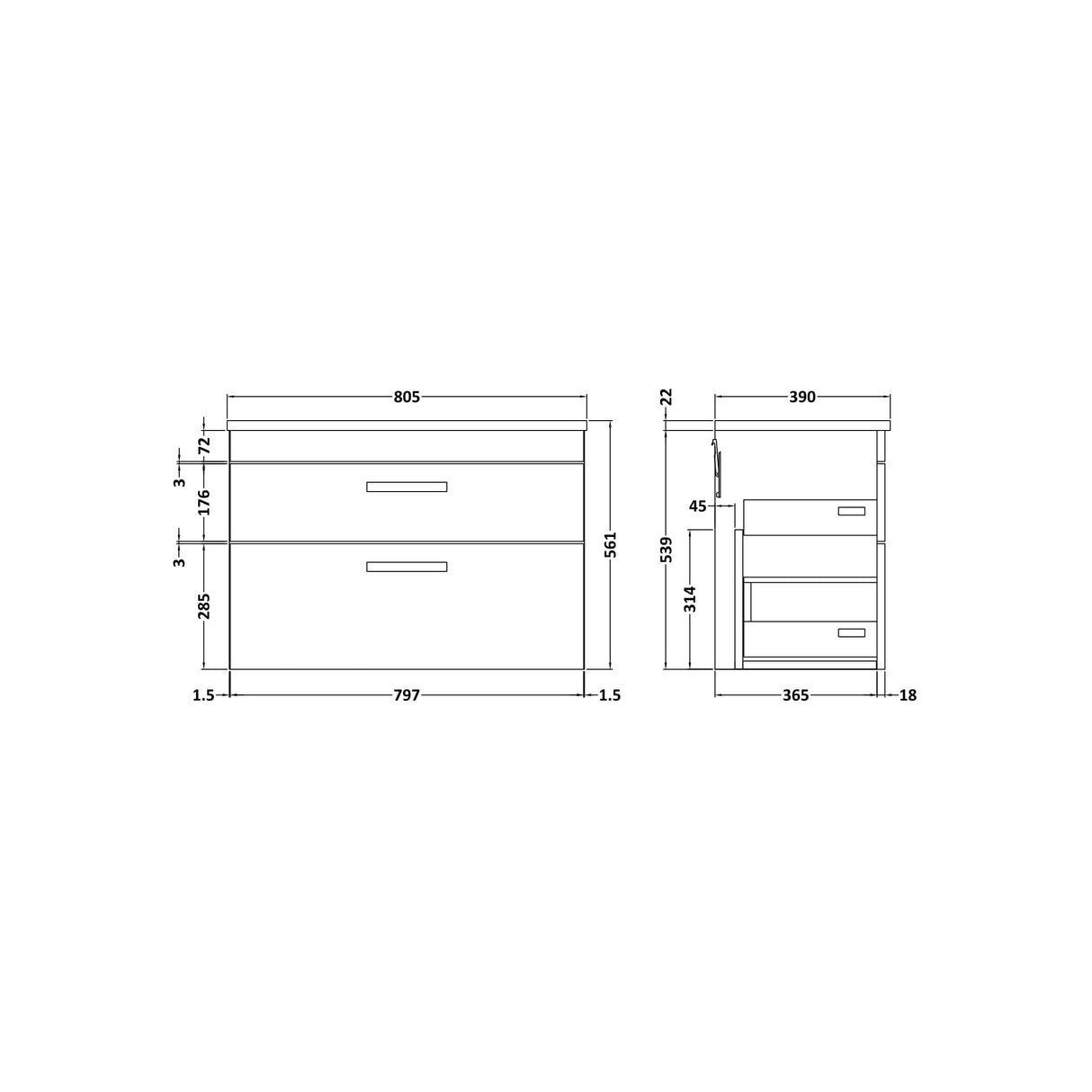 [BFRI069LBG] Millwich Contemporary 2 Drawer Wall Hung Vanity Unit with Bellato Grey Laminate Worktop - Choice of Size and Colour - Technical Drawing