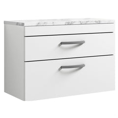 [BFRI069LCM] Millwich Contemporary 2 Drawer Wall Hung Vanity Unit with Carrera Marble Laminate Worktop - Choice of Size and Colour - Cutout