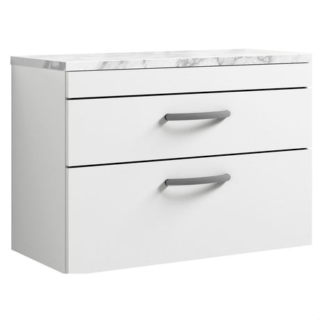 [BFRI069LCM] Millwich Contemporary 2 Drawer Wall Hung Vanity Unit with Carrera Marble Laminate Worktop - Choice of Size and Colour - Cutout