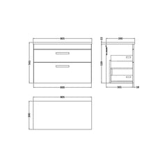 [BFRI069LCM] Millwich Contemporary 2 Drawer Wall Hung Vanity Unit with Carrera Marble Laminate Worktop - Choice of Size and Colour - Technical Drawing
