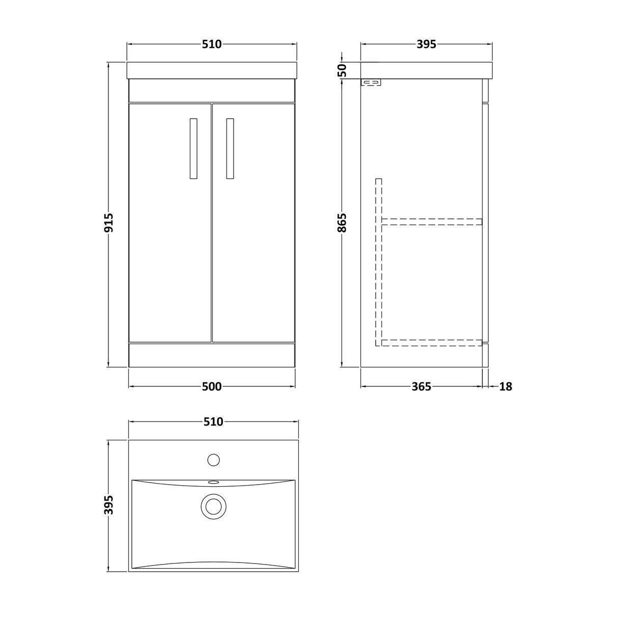 [BFRI072D] Millwich Contemporary 2 Door Floor Standing Vanity Unit with Thin Edge Basin - Choice of Size and Colour - Technical Drawing