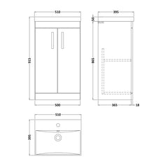 [BFRI072D] Millwich Contemporary 2 Door Floor Standing Vanity Unit with Thin Edge Basin - Choice of Size and Colour - Technical Drawing