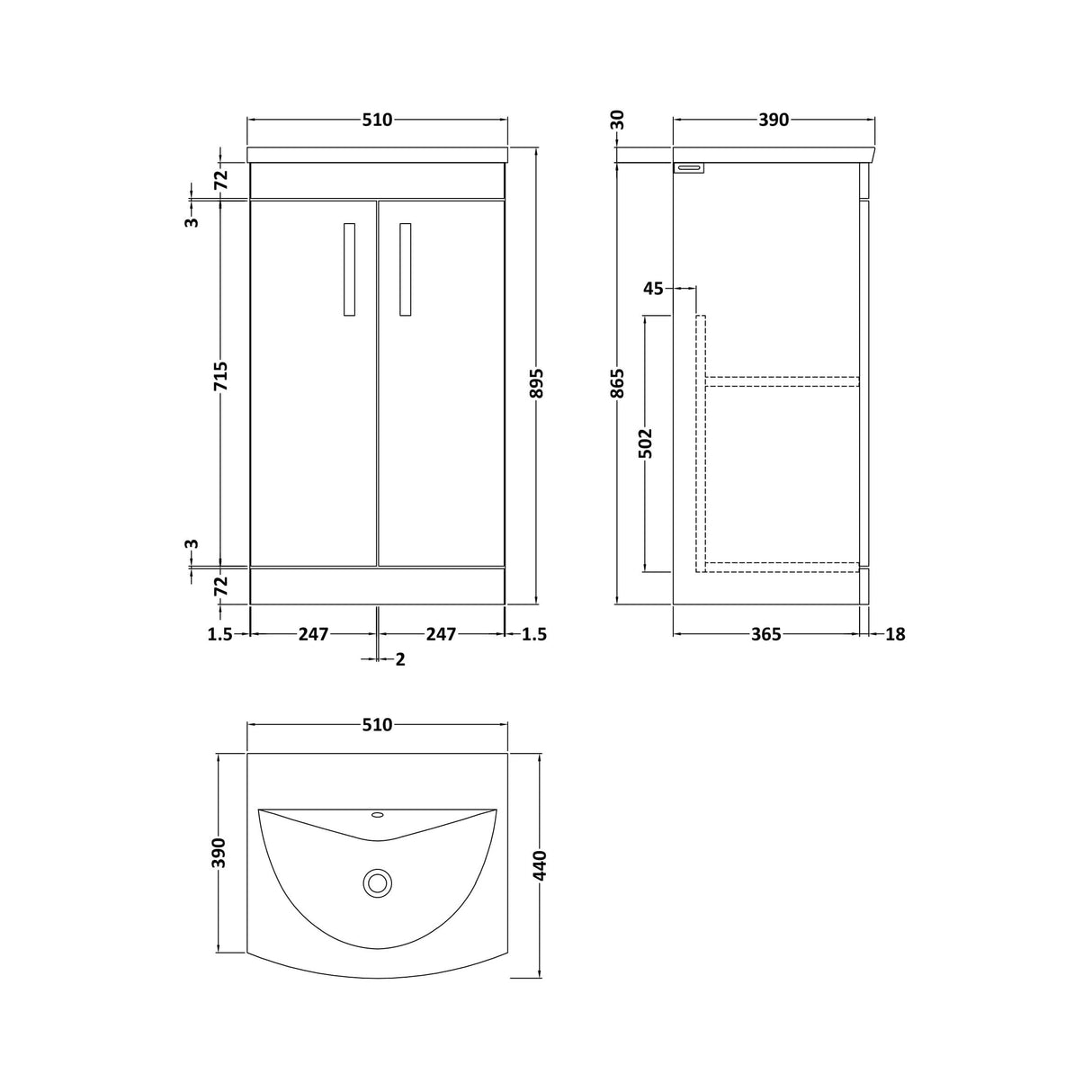 [BFRI072G] Millwich Contemporary 2 Door Floor Standing Vanity Unit with Curved Basin - Choice of Size and Colour - Technical Drawing