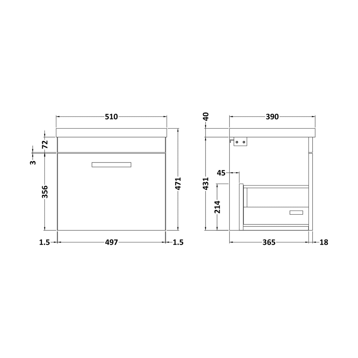 [BFRI073A17] Rio 1 Drawer Wall Hung Vanity Basin Unit - 500mm - Gloss Grey with Black D-shaped handle (Tap Not Included) - Balterley - Technical Drawing