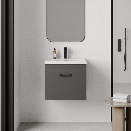 [BFRI073A17] Rio 1 Drawer Wall Hung Vanity Basin Unit - 500mm - Gloss Grey with Black D-shaped handle (Tap Not Included) - Balterley - Lifestyle 1