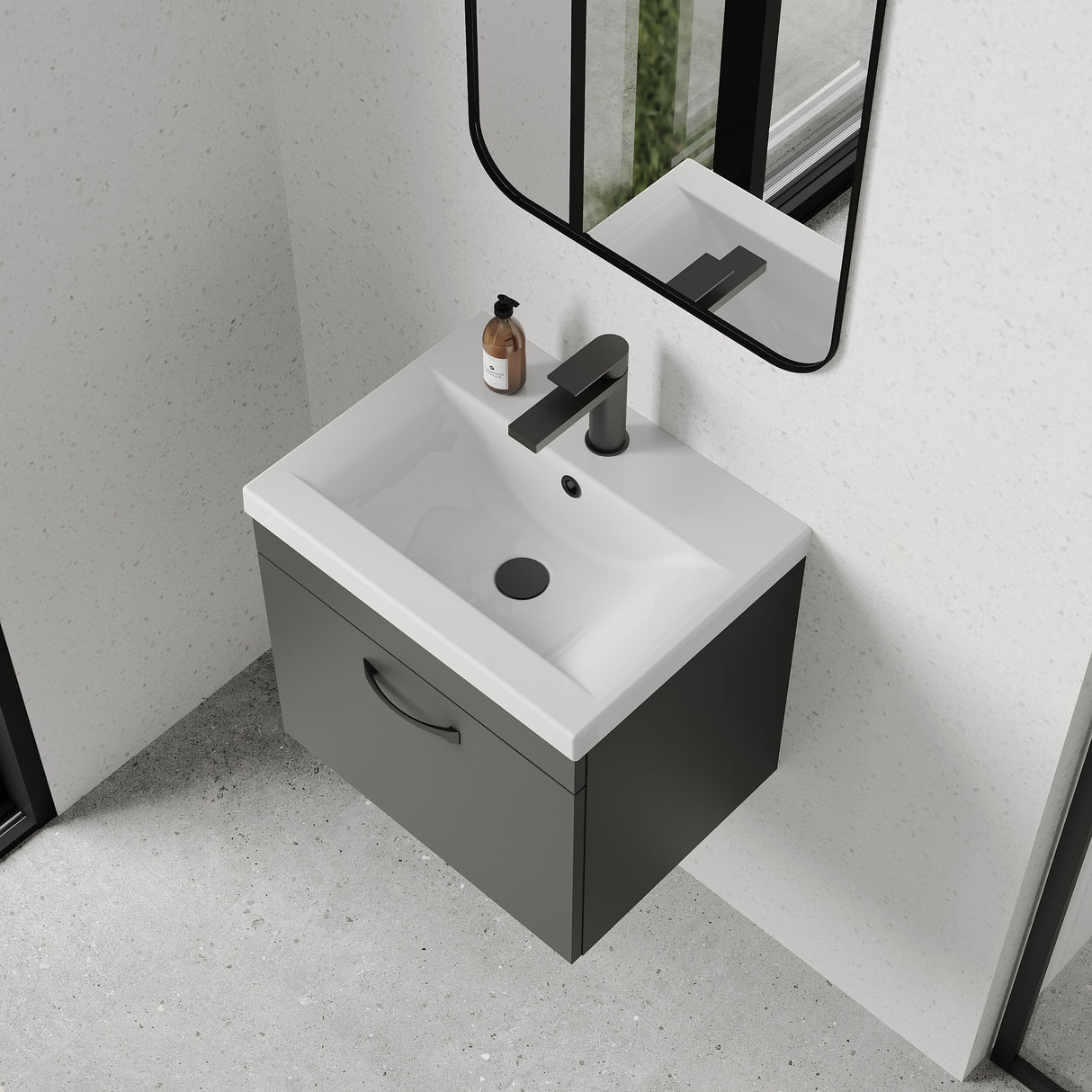 [BFRI073A17] Rio 1 Drawer Wall Hung Vanity Basin Unit - 500mm - Gloss Grey with Black D-shaped handle (Tap Not Included) - Balterley - Lifestyle 2
