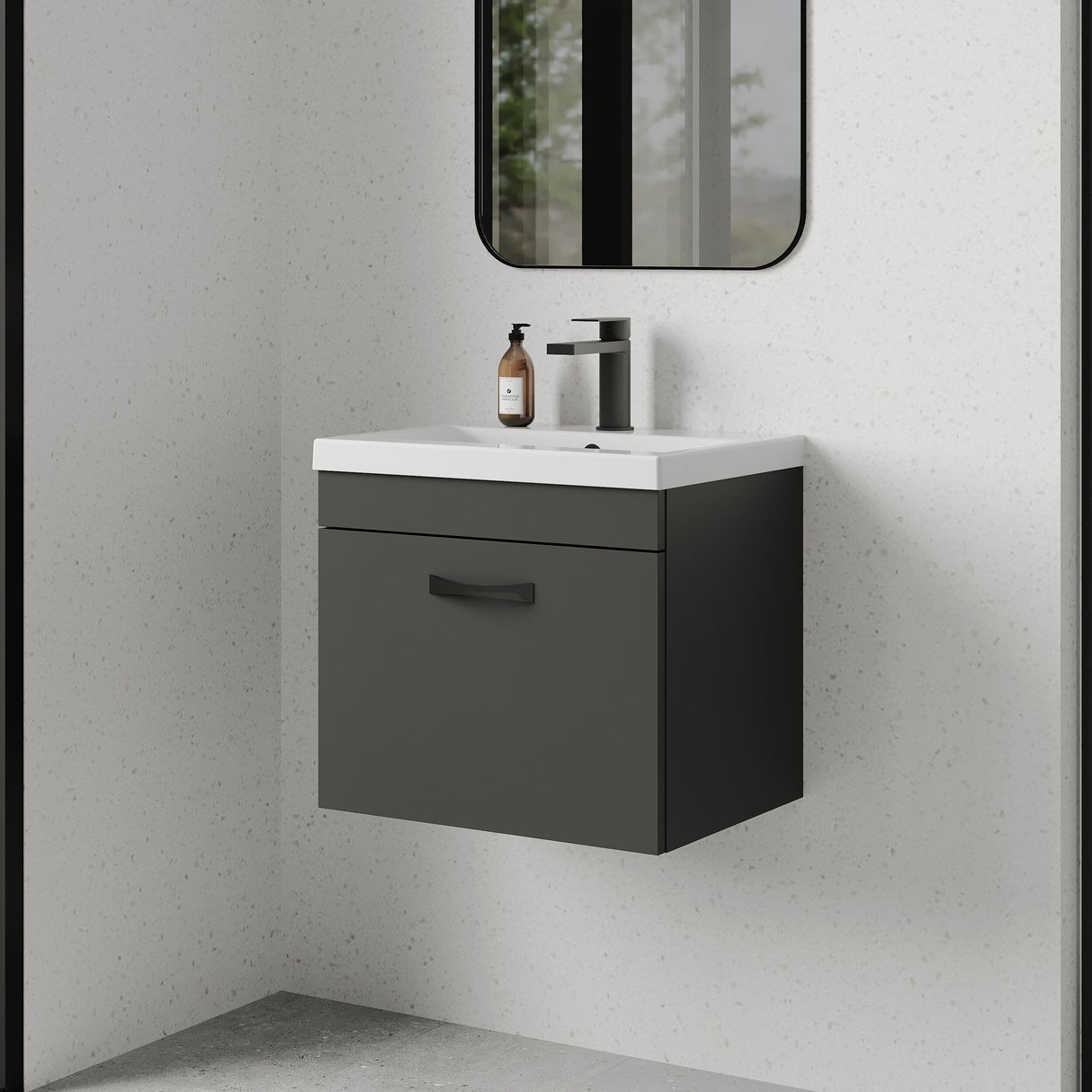 [BFRI073A17] Rio 1 Drawer Wall Hung Vanity Basin Unit - 500mm - Gloss Grey with Black D-shaped handle (Tap Not Included) - Balterley - Lifestyle 3